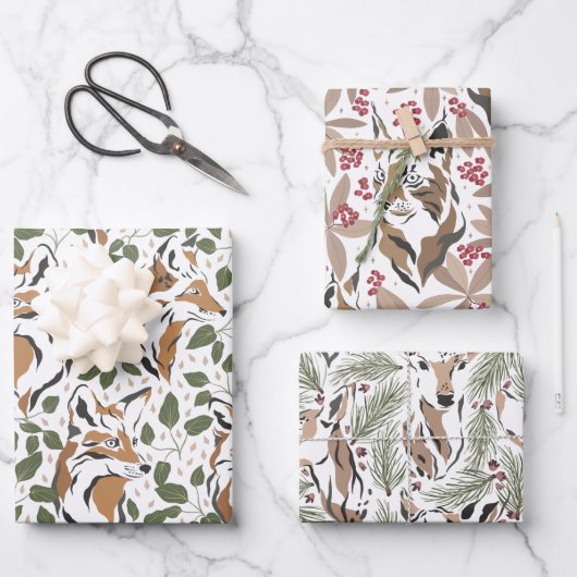 Feuille De Papier Cadeau Noël Aquarelle Bois Animaux (Recto)