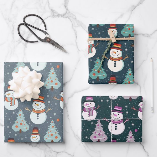 Feuille De Papier Cadeau Noël Arbres Snowflakes Snowmen Noël (Recto)