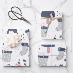 Feuille De Papier Cadeau Noël bleu rose et gris