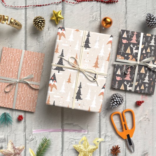 Feuille De Papier Cadeau Noël Brown Jeu d'arbres modernes 3