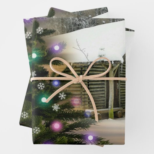 Feuille De Papier Cadeau Noël Cabine rustique (En situation)