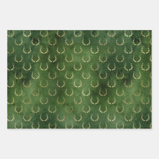 Feuille De Papier Cadeau Noël Cerf Motif Vert Or (Devant 2)