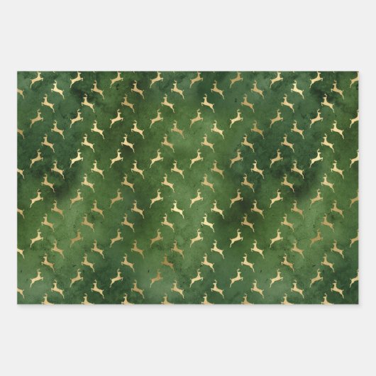 Feuille De Papier Cadeau Noël Cerf Motif Vert Or (Devant)