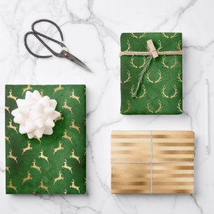 Feuille De Papier Cadeau Noël Cerf Motif Vert Or