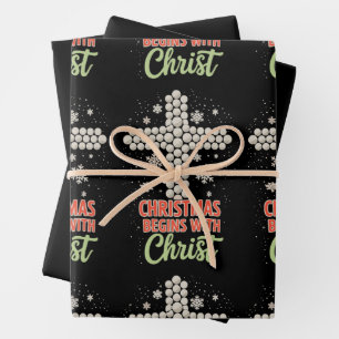 Feuille De Papier Cadeau Noël commence avec le Christ Chrétien neige Xmas