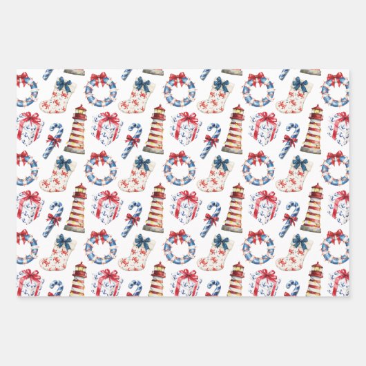Feuille De Papier Cadeau Noël côtier Bleu et Rouge Nautique (Devant 3)