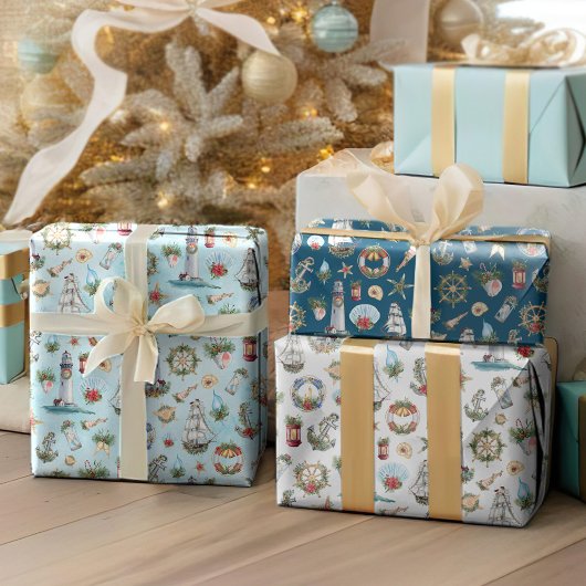 Feuille De Papier Cadeau Noël côtier Motifs nautiques