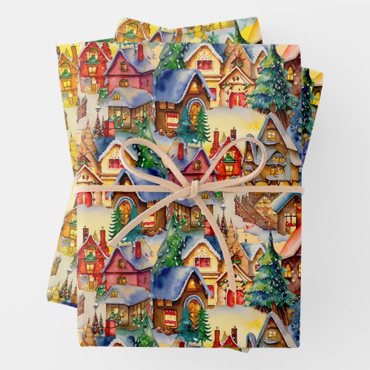 Feuille De Papier Cadeau Noël dans Village lunaire à différentes lumières (En situation)