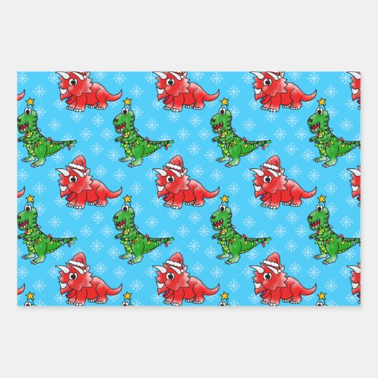 Feuille De Papier Cadeau Noël Dinosaure Motif T-Rex Tricératops (Devant)