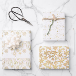Feuille De Papier Cadeau Noël Elegant Gold et White Snowflakes