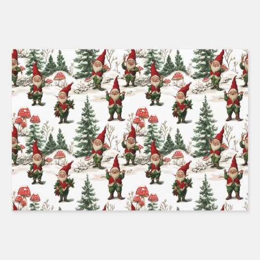 Feuille De Papier Cadeau Noël Festif Gnome et Champignons (Devant)