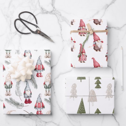 Feuille De Papier Cadeau Noël Gnomes Pin des Bois (Recto)