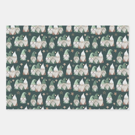 Feuille De Papier Cadeau Noël Gnomes Vert Or Scandinave tendance (Devant 2)