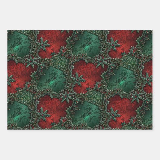 Feuille De Papier Cadeau Noël gothique vert et rouge (Devant 2)