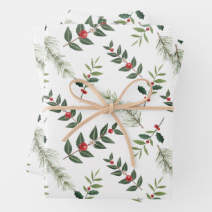 Feuille De Papier Cadeau Noël Holly Berry et branches de pin Blanc