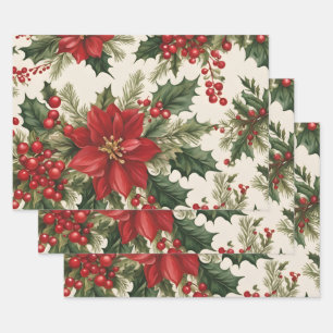 Feuille De Papier Cadeau Noël Holly & Red Berries
