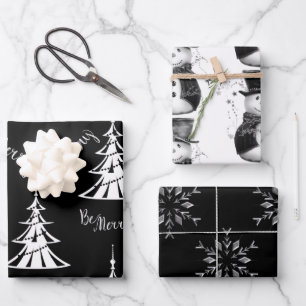 Feuille De Papier Cadeau Noël noir, blanc et argent