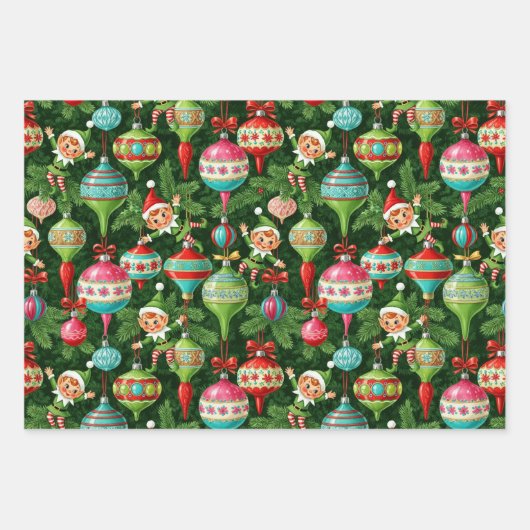 Feuille De Papier Cadeau Noel nostalgique : Elfes et ornements (Devant)