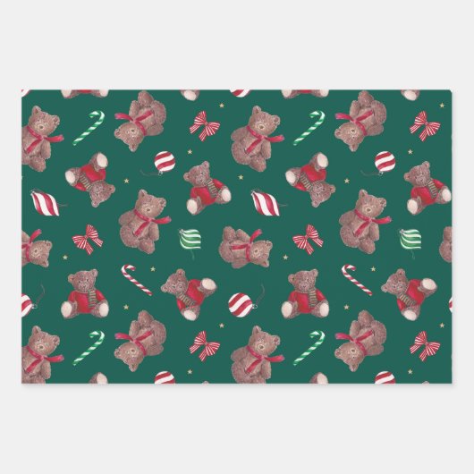 Feuille De Papier Cadeau Noël Nounours Baubles Bows (Devant 3)