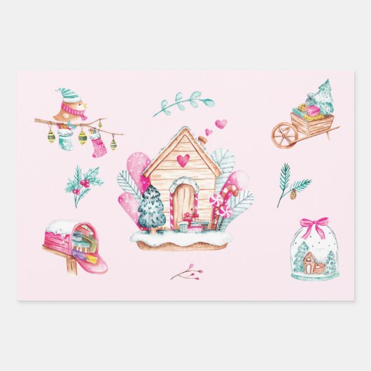 Feuille De Papier Cadeau Noël Pastel Rose Aquarelle (Devant 3)