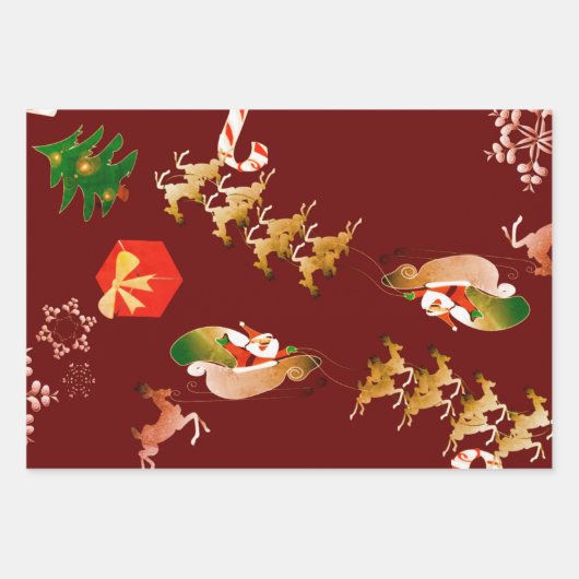 Feuille De Papier Cadeau Noël Père Noël Reindeer Rouge Vert (Devant 3)
