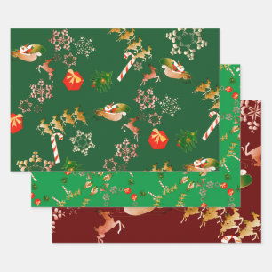 Feuille De Papier Cadeau Noël Père Noël Reindeer Rouge Vert