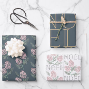 Feuille De Papier Cadeau NOEL Pink Pine Cône Motif Marine Bleu & Blanc