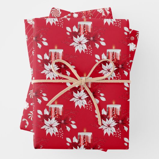 Feuille De Papier Cadeau Noël Poinsettia Bow Sucre de canne bougie rouge (En situation)