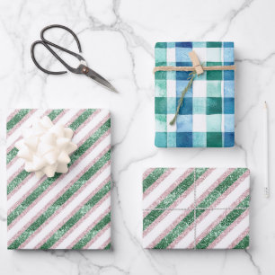 Feuille De Papier Cadeau Noël Rayures Pailletées Rose Vert