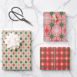 Feuille De Papier Cadeau Noël Rétro Étoile Éclatée Atomique Milieu de Siècl