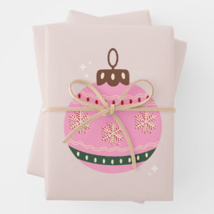Feuille De Papier Cadeau Noël Rétro Vacances rose Bauble