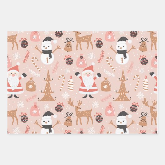 Feuille De Papier Cadeau Noël rose mignon Arbre de Noël Snowman Reindeer (Devant)