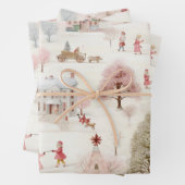 Feuille De Papier Cadeau Noël rose village vintage  (En situation)