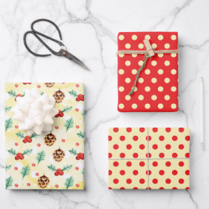 Feuille De Papier Cadeau Noël Rouge Brun Holly Pins de Cônes Points Jaunes