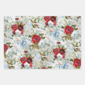 Feuille De Papier Cadeau Noël Rouge & Dusty Bleu Roses & Holly (Devant)