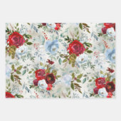Feuille De Papier Cadeau Noël Rouge & Dusty Bleu Roses & Holly (Devant 3)