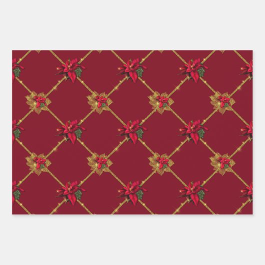 Feuille De Papier Cadeau Noel rouge foncé et vert or Poinsettia (Devant 3)