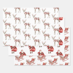 Feuille De Papier Cadeau Noël Rouge Peppermenthe Reindeer Père Noël Sleigh