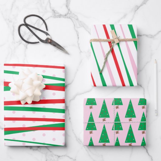 Feuille De Papier Cadeau Noël Rouge Rose Vert Grandes Modernes (Recto)