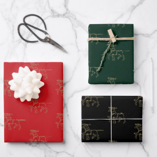 Feuille De Papier Cadeau Noël rouge vert noir or Père Noël Rennes de