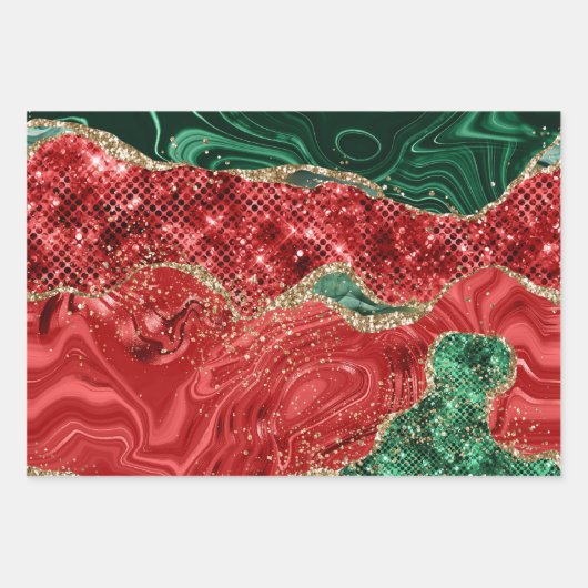 Feuille De Papier Cadeau Noël Rouge Vert Parties scintillant Agate (Devant)
