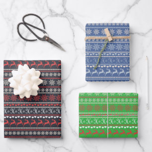 Feuille De Papier Cadeau Noël Rudolf Flocon de neige bleu vert rouge vacanc