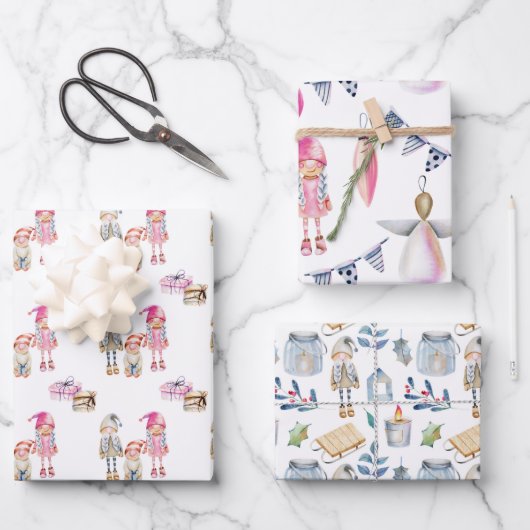 Feuille De Papier Cadeau Noël scandinave poupées de cerf scandinave (Recto)