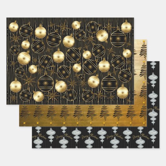 Feuille De Papier Cadeau Noël sophistiqué en or, noir et gris (Lot)