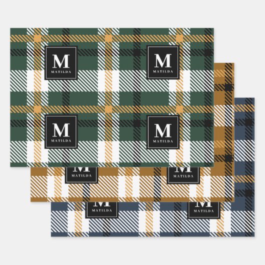 Feuille De Papier Cadeau Noël tartan monogramme personnalisé (Lot)