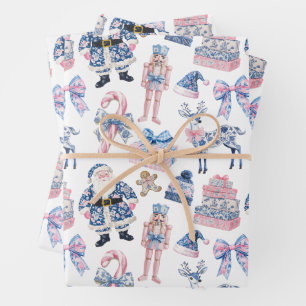 Feuille De Papier Cadeau Noël Toile bleu et rose