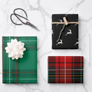 Feuille De Papier Cadeau Noël Vacances Cerf Rouge Vert Plaid Assorti 