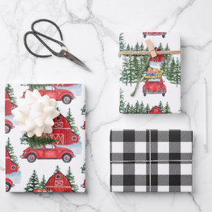 Feuille De Papier Cadeau Noël Vacances Vintage Rouge Voiture Grange Arbre N