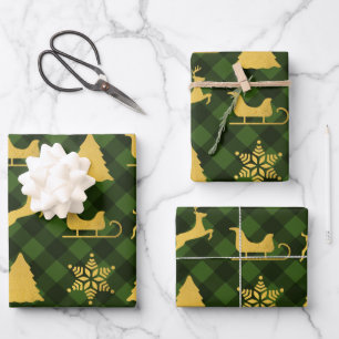 Feuille De Papier Cadeau Noël Vert et noir Buffalo Plaid Gold Xmas