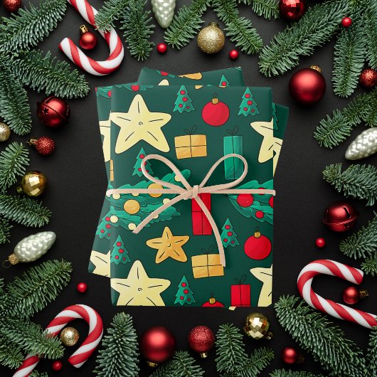 Feuille De Papier Cadeau Noël Vert Festif Avec Icônes De Vacances